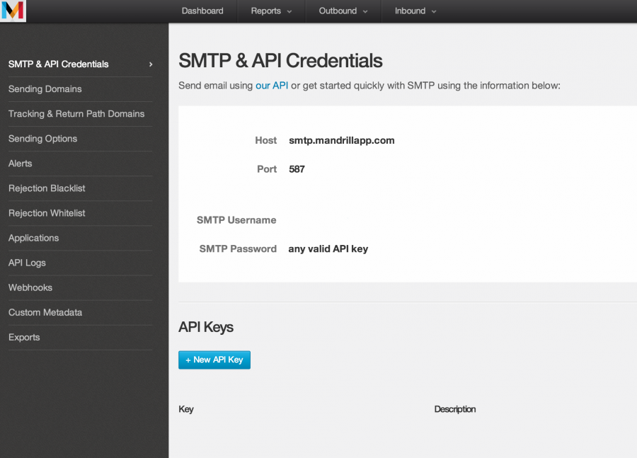 Mandrill SMTP & Api Settings